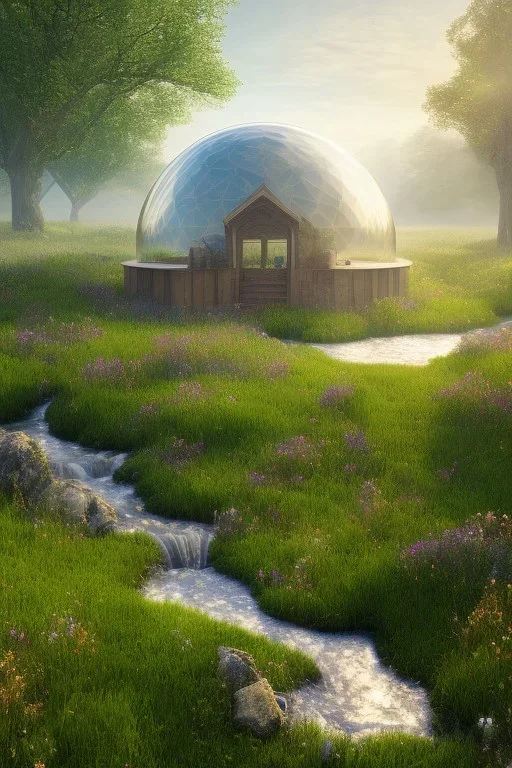 Dome a facettestransparant précis très détaillé ultra réaliste, brouillard, prairie,riviers animé, soleil, ciel étoilé cgi,