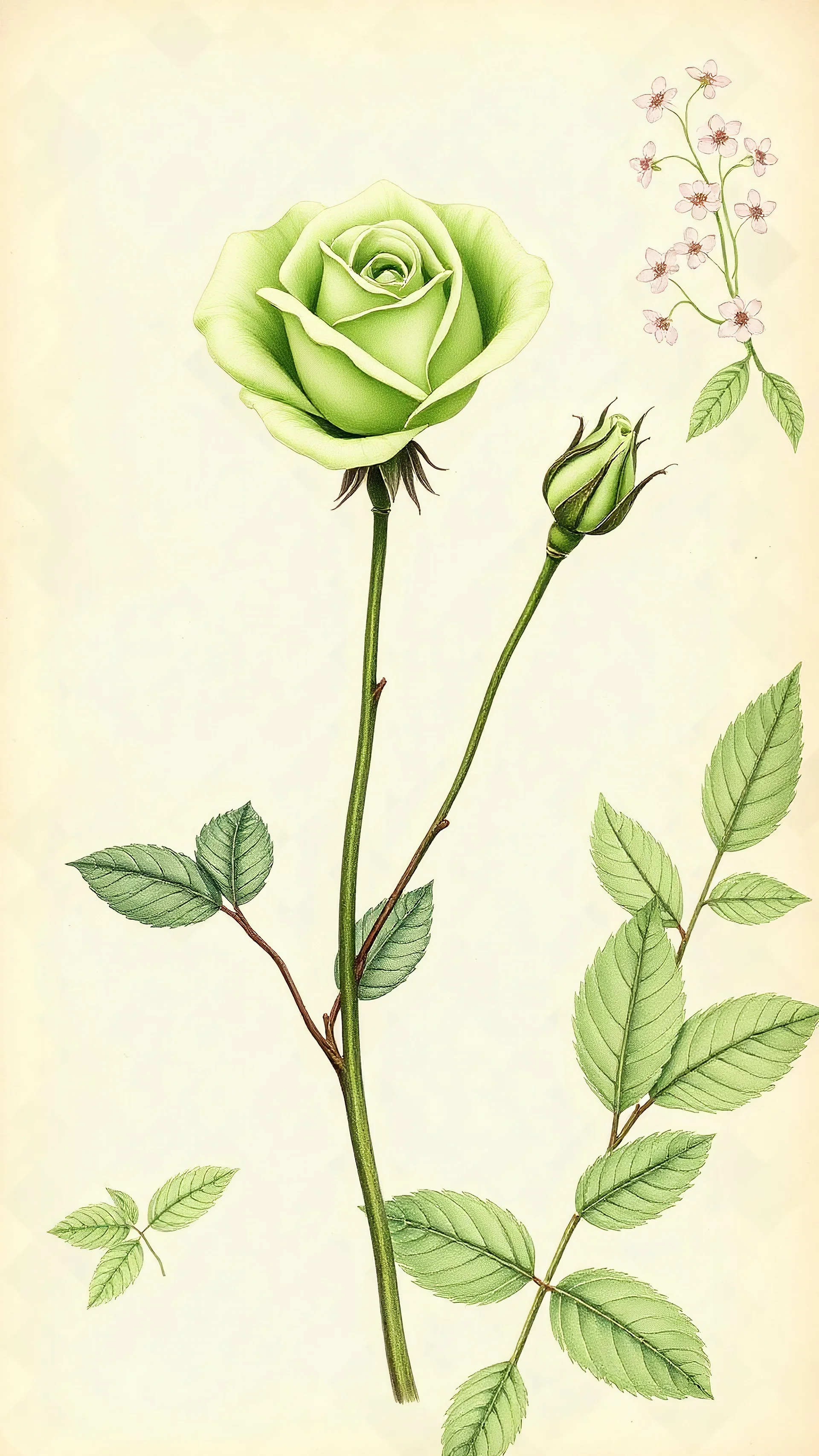 A very detailed botanical illustration of a long-stemmed MINIATURE rose in vintage naturalism style, featuring one large open GREEN rose and one smaller closed bud, drawn with delicate ink outlines and watercolor shading. It is placed on a bright beige textured background with green serrated leaves, subtle background flowers, . It evokes nostalgia for high-quality botanical science prints.