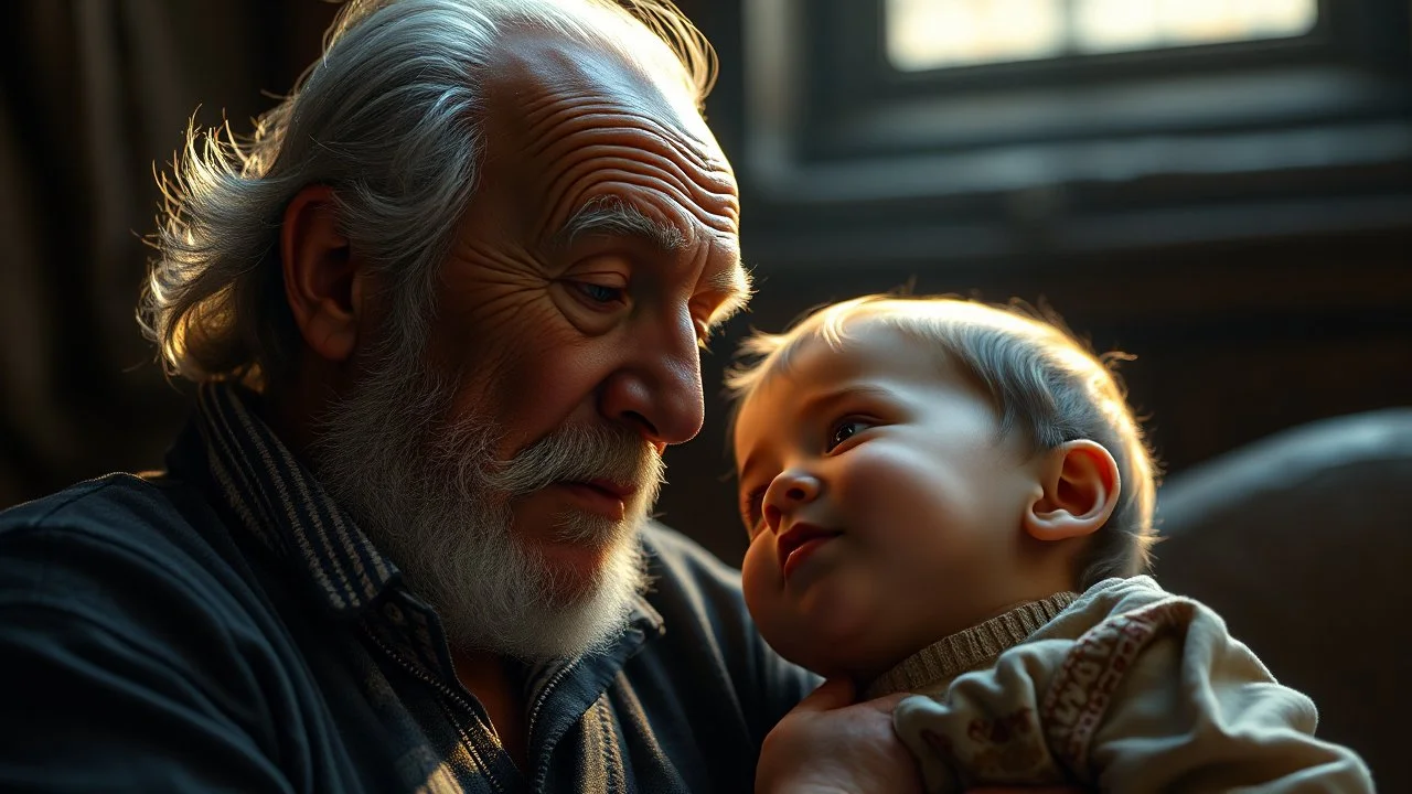 Grandfather and grandson, exquisite composition, beautiful detailed intricate insanely detailed octane render trending on artstation, 8k artistic photography, photorealistic concept art, soft natural volumetric cinematic perfect light, chiaroscuro, award-winning photograph, masterpiece, raphael, caravaggio, Alma Tadema, Bouguereau