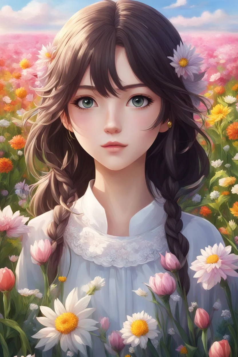 a girl standing in a field of flowers, medium view face, beautiful anime portrait, realistic anime art style, beautiful anime art style, realistic cute girl painting, beautiful anime art, stunning anime face portrait, high quality, 4k