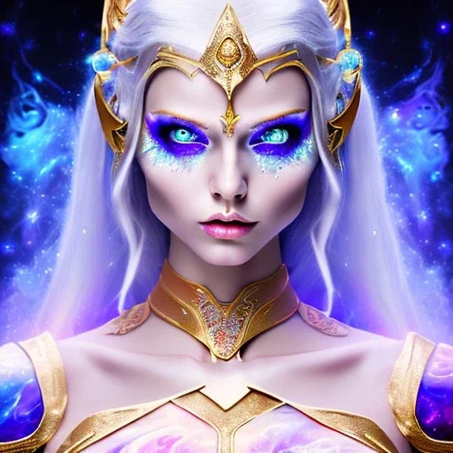 cosmic mage, elf, female, battle mage, cosmic sword, epic, cosmic magic, staff, long ears, white hair, face details, odd-eyes, pale skin, detailed eyes, jewellery, broad shoulders, glowing eyes, sharp ears, cosmic clothes, bright eyes