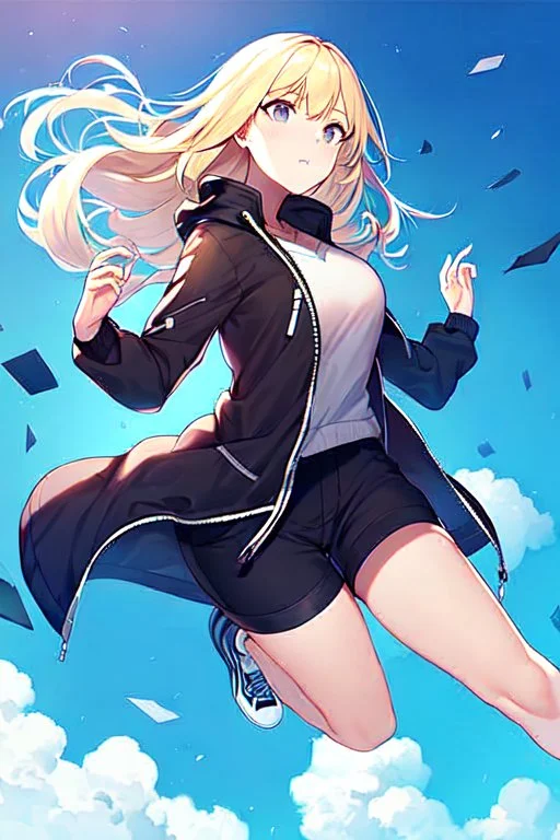 blonde girl falls with jacket fall from the sky, sky falling