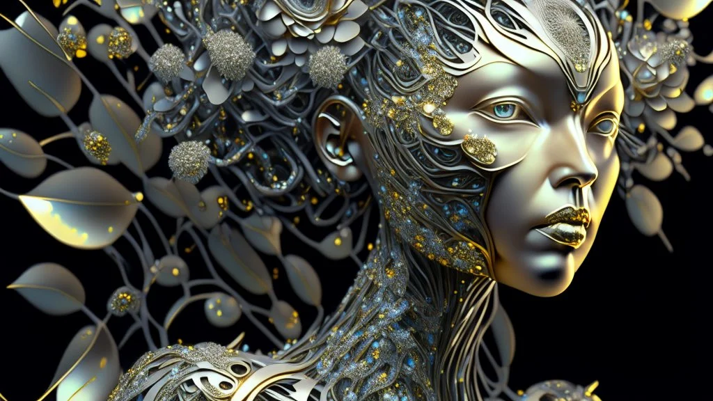 figure of a woman, art from the "art of control" collection by Jasper Harvey, in the style of futuristic optics, silver and gold, flower, bird, plant branches, detailed facial features, swirling vortices, 8k 3d, bizarre cyborgs made of crystals, high detail, high resolution, 8K