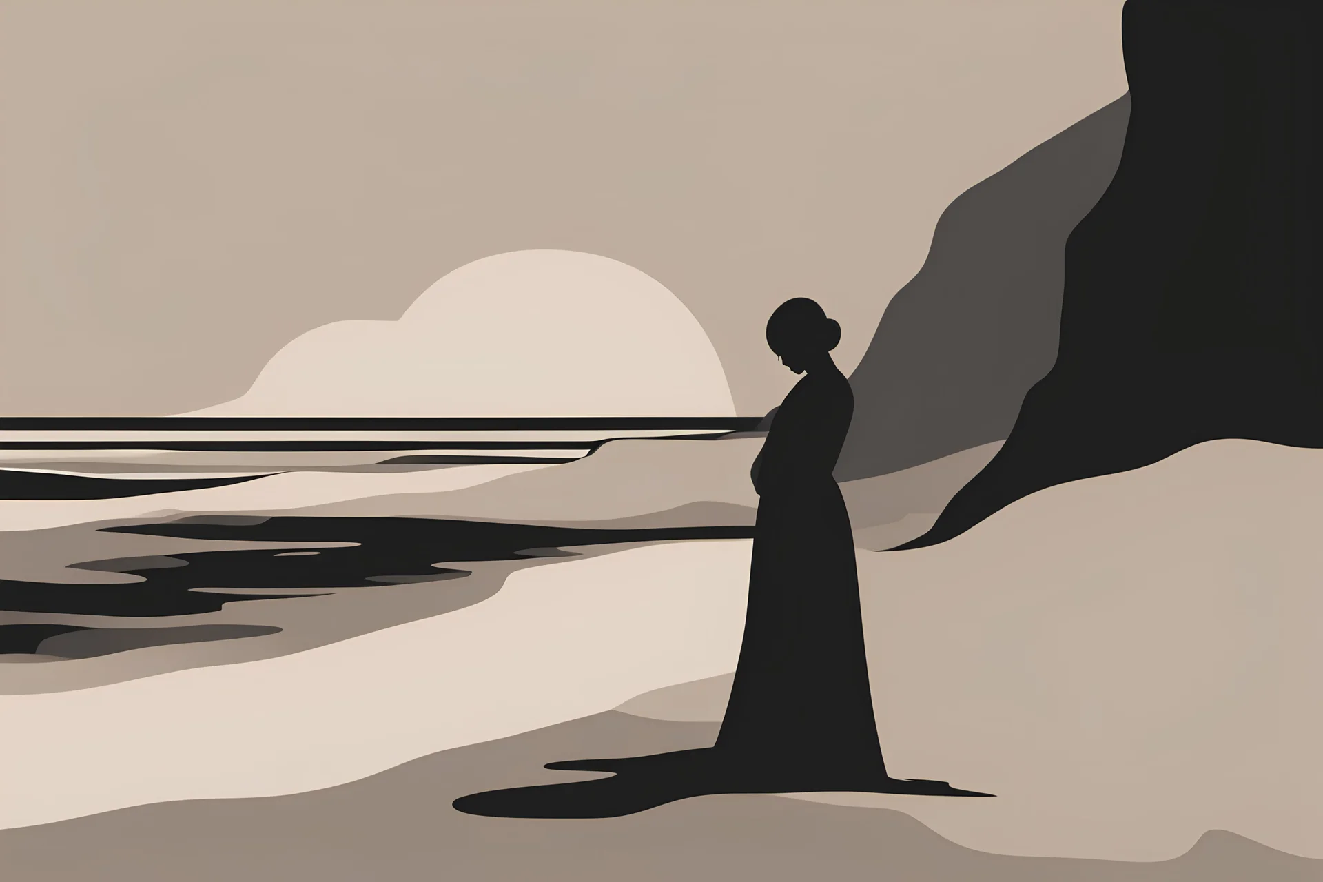 A striking minimalist abstract artwork featuring a monochromatic palette of sand, black, and white. The mesmerizing silhouette of a sad, weeping androgynous figure is elegantly depicted, evoking a sense of melancholy and introspection.