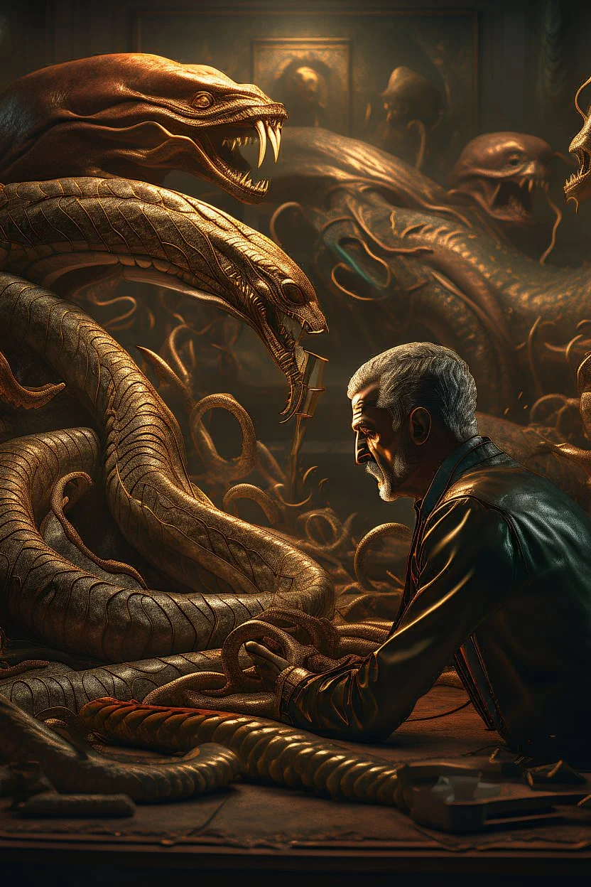 Bosch nightmares paint inf style Title: " snake vs alien , insanely detailed octane render trending on artstation, 8k artistic photography, photorealistic concept art, soft natural volumetric cinematic perfect light, chiaroscuro, award-winning photograph, masterpiece, oil on canvas, Raphael, Caravaggio, Greg Rutkowski, people, beksinski, Giger