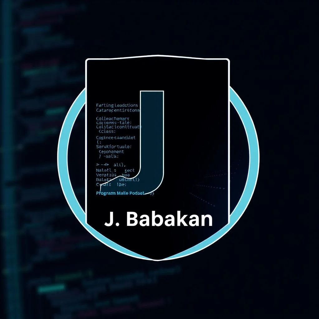 create a logo for me "J. Babakan" .i am an ai programmer artist i want a 3d graphical Logo ,ai ,code, flow charts blended at background