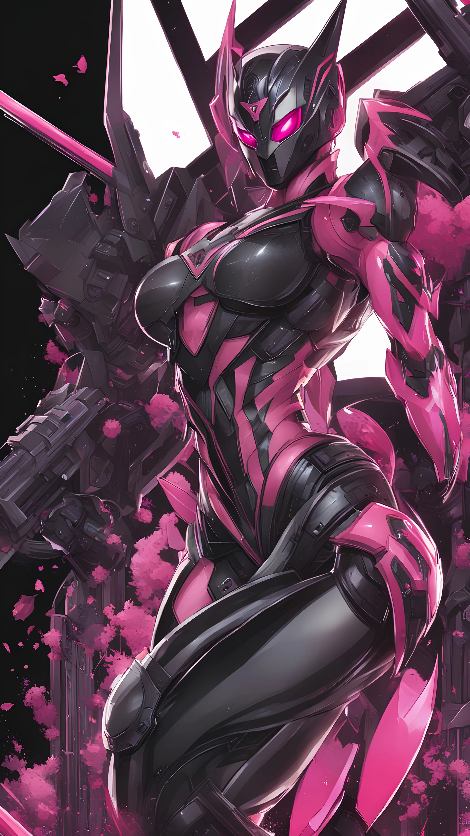 A close picture to Mix between gwenpool and symbiote with transformers, high details machine, pink and black custom, intricate details, highly detailedin in solo leveling shadow art style