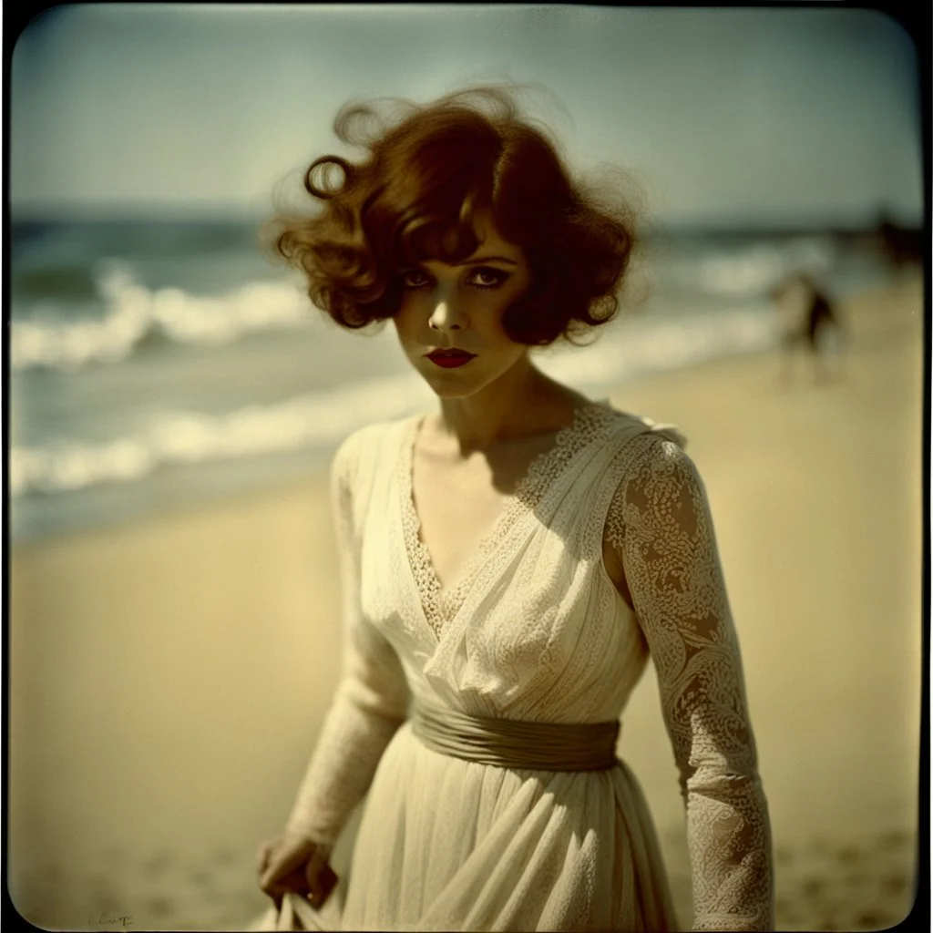 Clara bow on the beach, in the wind, white lace dress, autochrome
