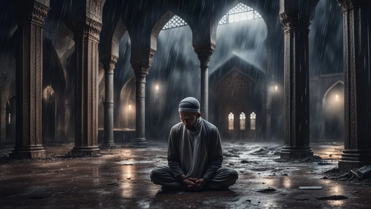 Hyper Realistic Adult-Muslim Guy Crying & Praying-Namaz with-lean-body-language outside an old abandoned dark mosque at dark heavy rainy night showing dramatic & cinematic ambiance.