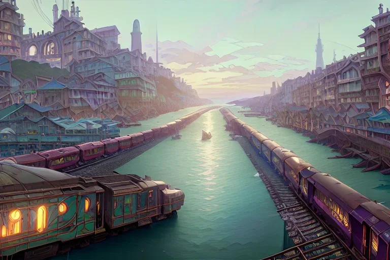 close up train+Elevated train+train+town on sea+sea+Italian colourful sea village +alphonse mucha, greg rutkowski,matte painting, cryengine, hyper detailed, felix kelly, fantasy art, seb mckinnon