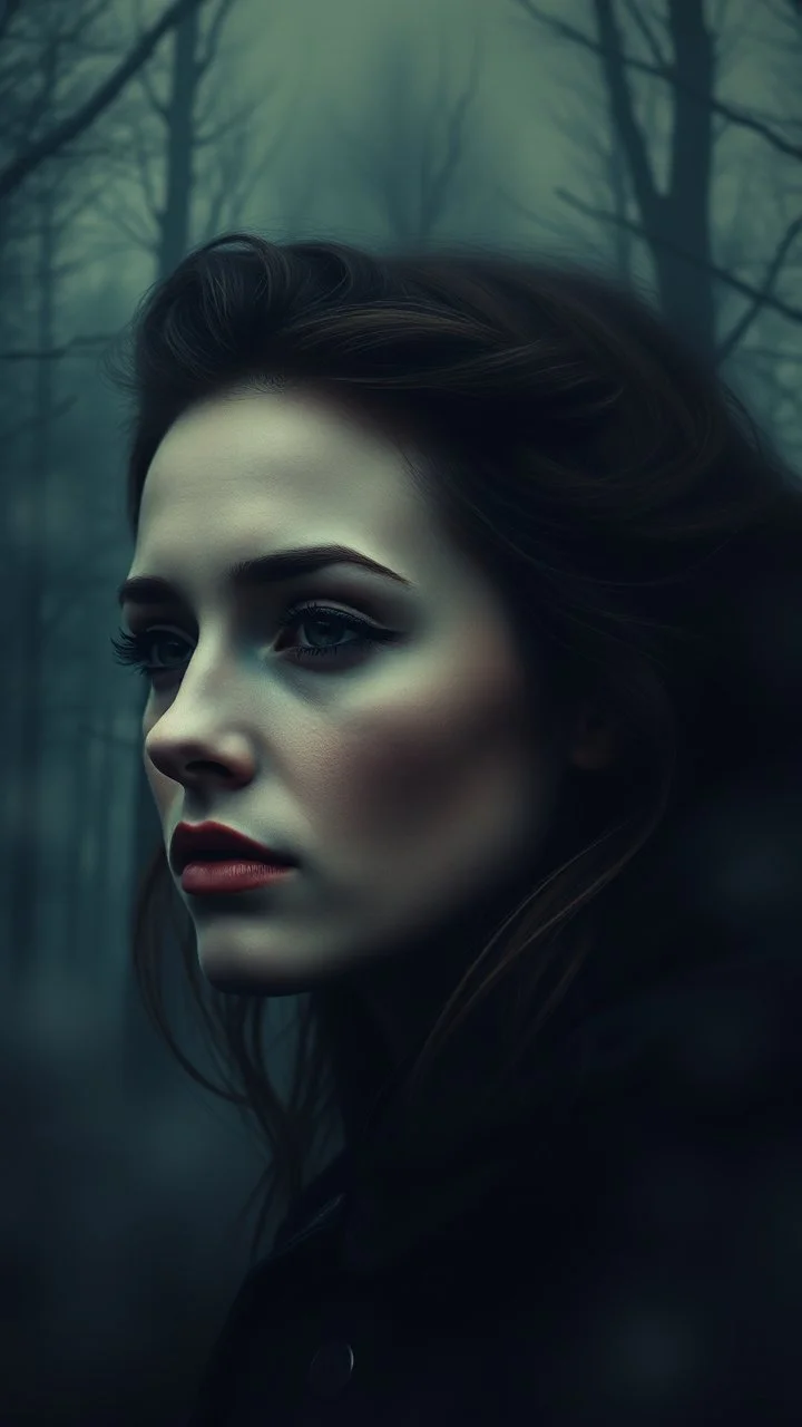 Vintage portrait of a beautiful woman head, misty forest background, eerie twilight lighting