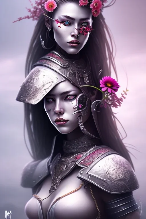 lady warrior with white top black eye and flowers