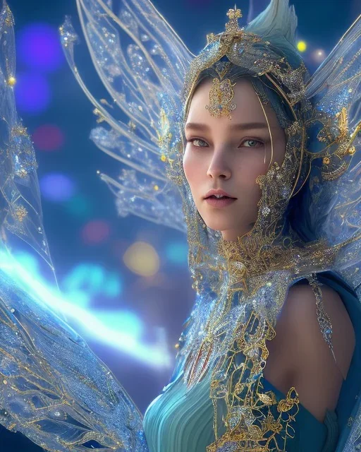 A portrait of a crystalline faery, smiling, mythical,fantasy , magnificent, majestic, highly intricate, Realistic photography, incredibly detailed, ultra high resolution, 8k, complex 3d render, cinema 4d