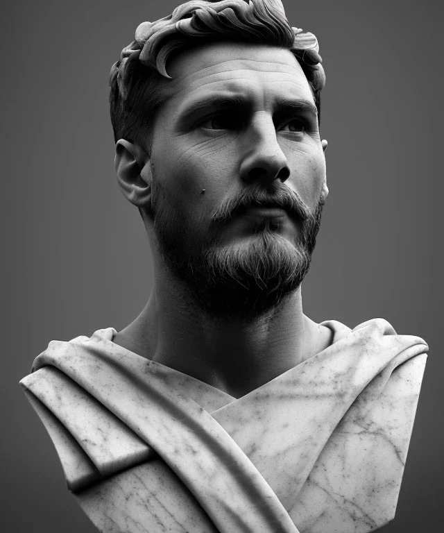 Gran angular, Realistic image, roman sculpture, marble material, Lionel Messi with Laurel wreath model, miguel angel style, emperador, God light, god rays, 4k resolution, perfect details, ornate details, soft lighting, unreal engine 5, soft cyan background.