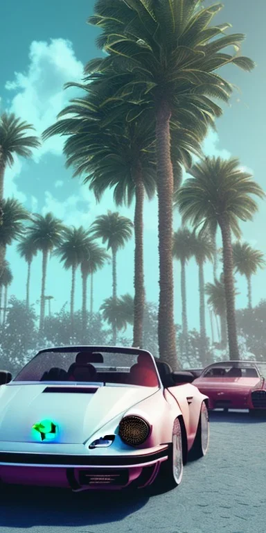 1980's aesthetic vaporwave palm trees and spheres and glowing Porsche