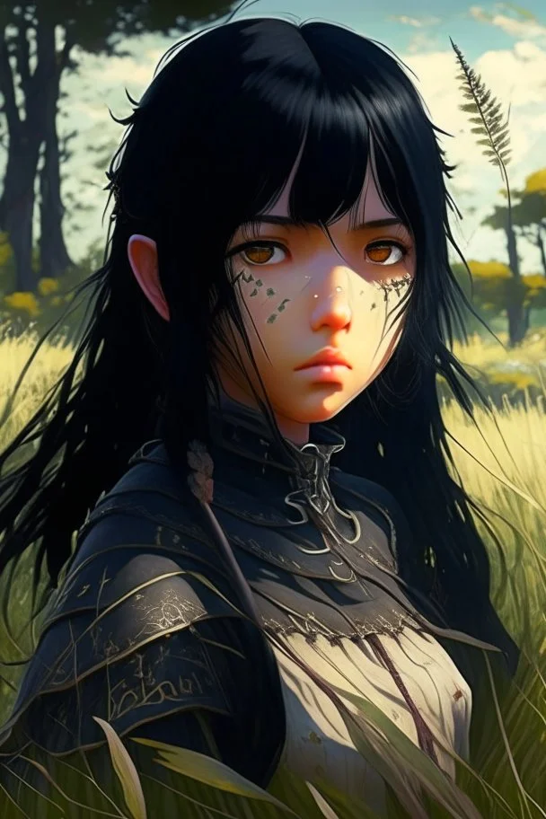 Anime, black hair girl in medieval clothing in large field in the middle of the forest, HD, extreme detail in the face
