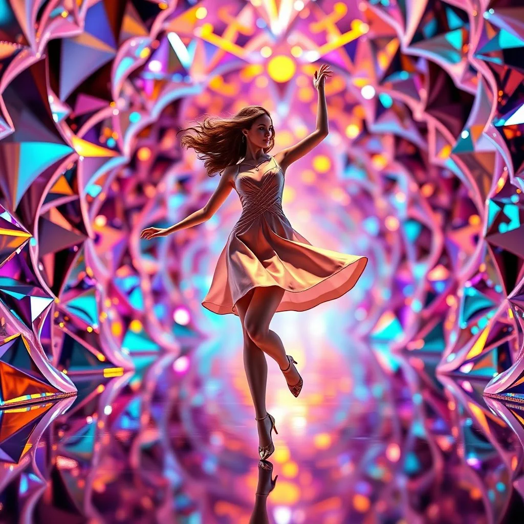 A young lady in modern dress dances in a vibrant, vibrating, color-rich 3D environment of metallic and crystal recursive geometric structures and an evolving ,Creative 3d fractal art, blurred bokeh effect,
