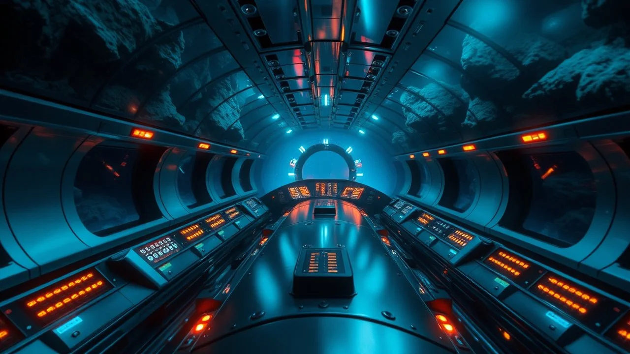 A hyper-detailed interior submarine, with sleek metallic surfaces and illuminated control panels, navigating through a dark and mysterious underwater cave