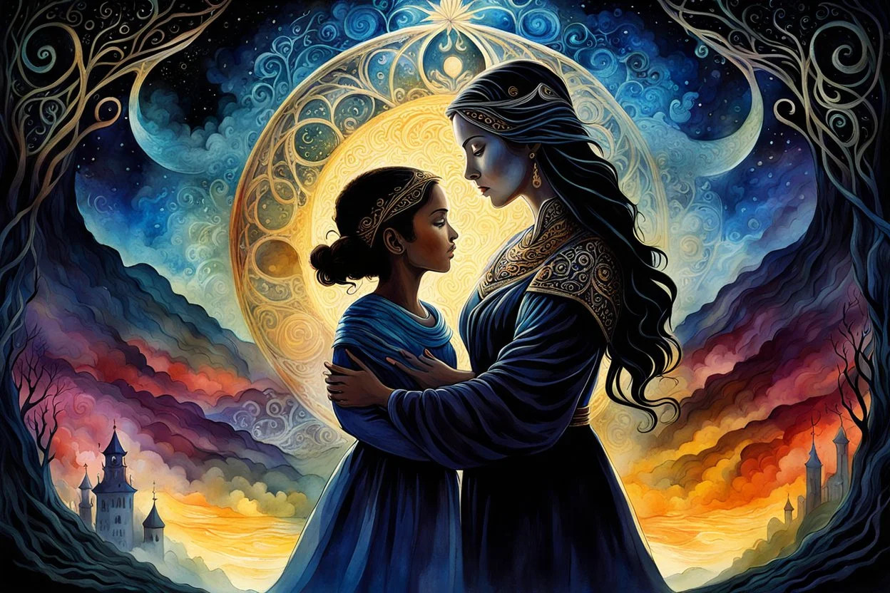 girl and her mother in an mystic of eight shining, shadows shape, etheral, many female generations, shadows, love, embracing each other, touching, mystic relationship, expressive illustration of the mother-daughter relationship detailed matte painting, deep color, fantastical, intricate detail, splash screen, fantasy concept art, Gouache Style, Watercolor, Epic, Masterpiece, Thick Brush Strokes, Impasto Gouache, thick layers, Soft muted colors, beautiful details, spiritual design