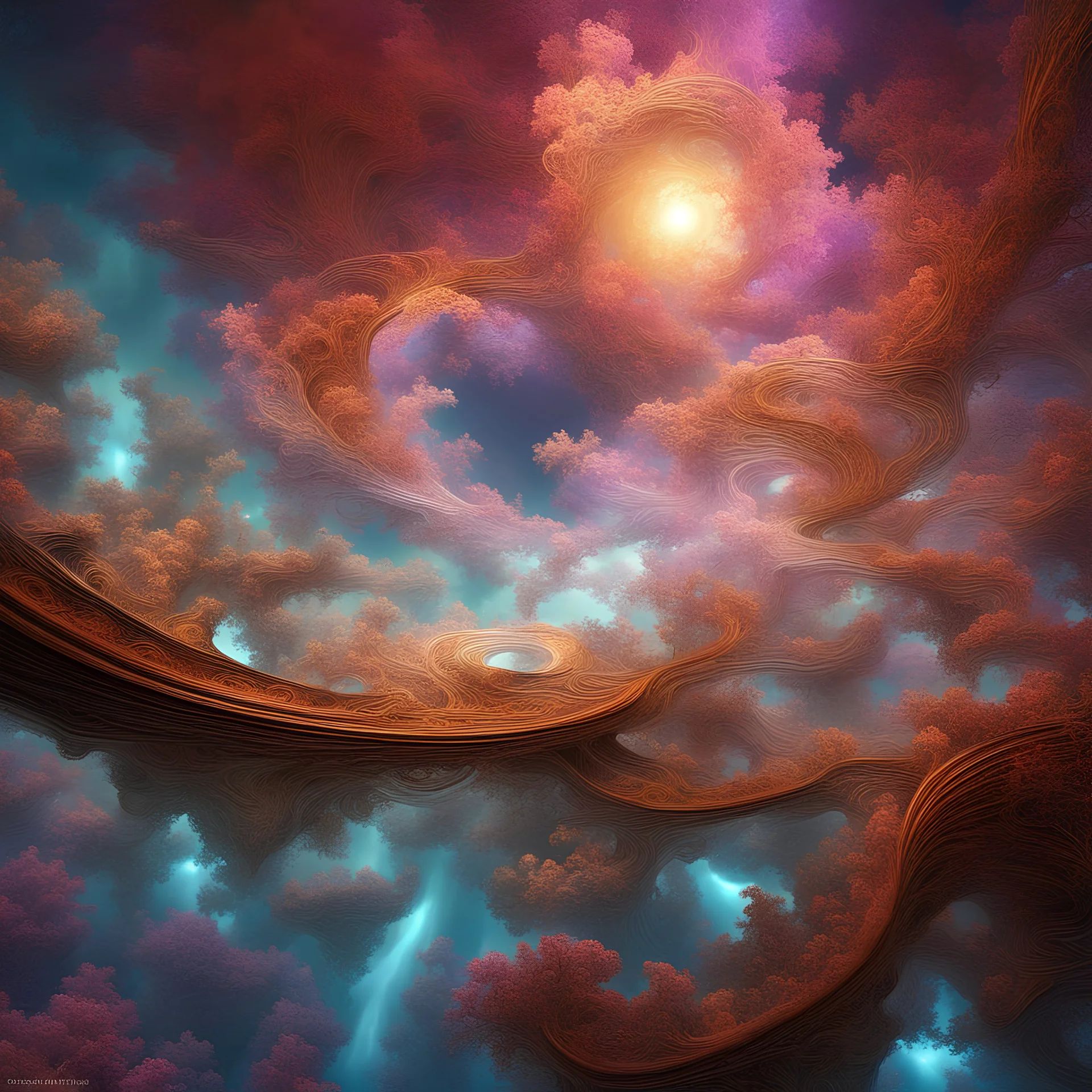 A mesmerizing scene depicting a 3d hd whimsical stylized fractal recursive lgracefully floating through a surreal dreamscape, surrounded by ethereal clouds and vibrant colors, as if weightless and immersed in a fantasy realm. The dream-like atmosphere creates a sense of tranquility and wonder, with hints of whimsy and mystery unveiling a world beyond the ordinary. The composition is filled with soft lighting, diffused rays of sunlight, and a touch of mist, evoking a sense of enchantment and othe