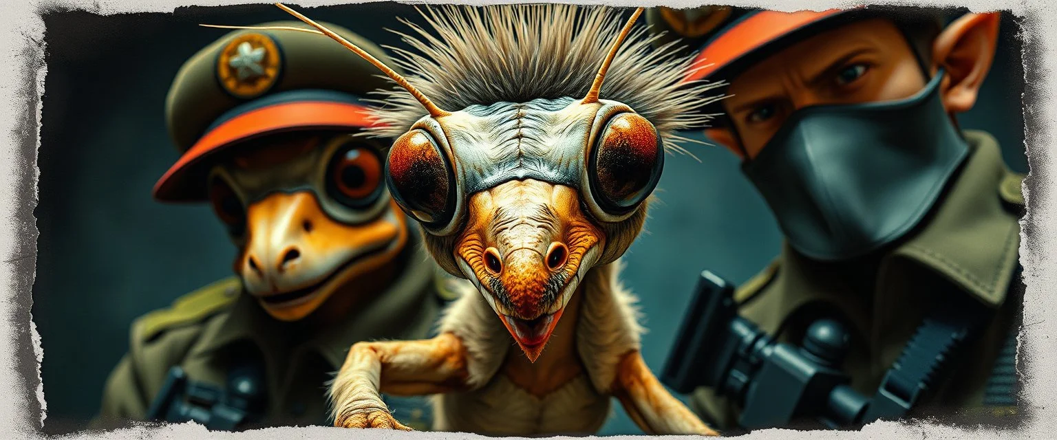 airbrush and pen outline, french art , extreme close up on cheeky fluffy weasel hairy praying mantis military prison guard troupe news anchor elf family scumbag , pinhole cam, airbrush 3d rendering, in the style of Titian and Rembrandt , torn edges on border