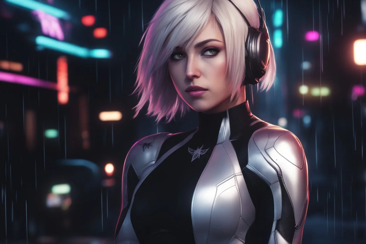 Spidergwen in 8k nier automata drawing style, spider them, cinematic mood, neon effect, close picture, rain, highly detailed, high details, detailed portrait, masterpiece,ultra detailed, ultra quality