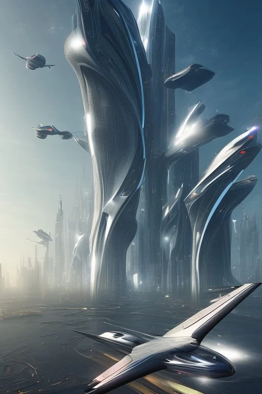 2. Create an image of a futuristic city skyline with flying cars and tall, sleek buildings.