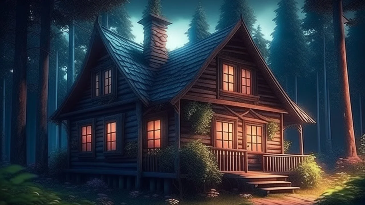 fantasy charming wooden house near a dark forest