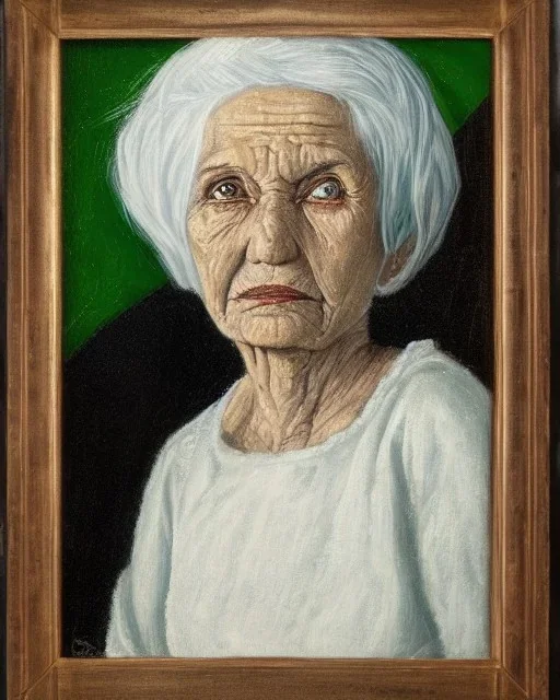  portrait of a dignified old woman with green eyes and white hair in the style of Aleksander Rostov