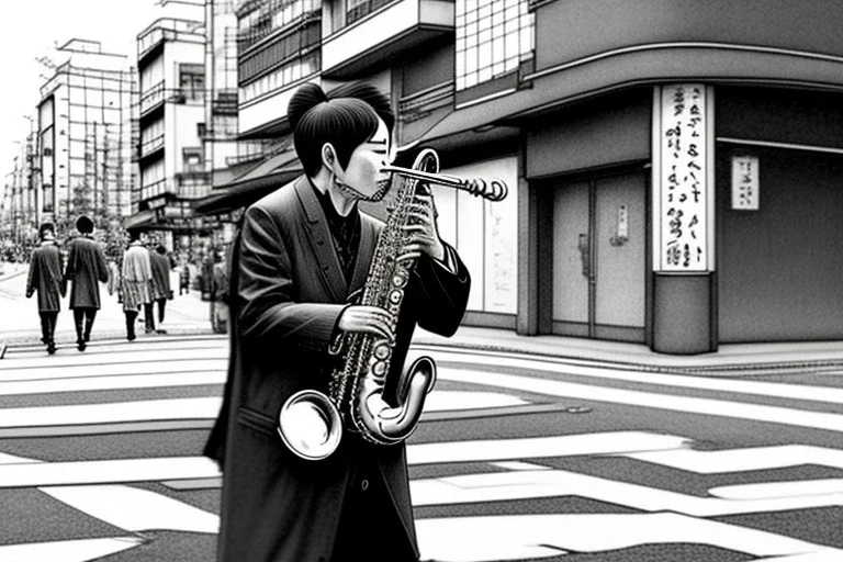 One mature cat playing saxophone on the street, Osaka, thoughtful, mourning, model style, hyper realistic, extremely accurate, delicate, extremely detailed, Graphic novel style, wide-angle, open aperture, superfine pencil