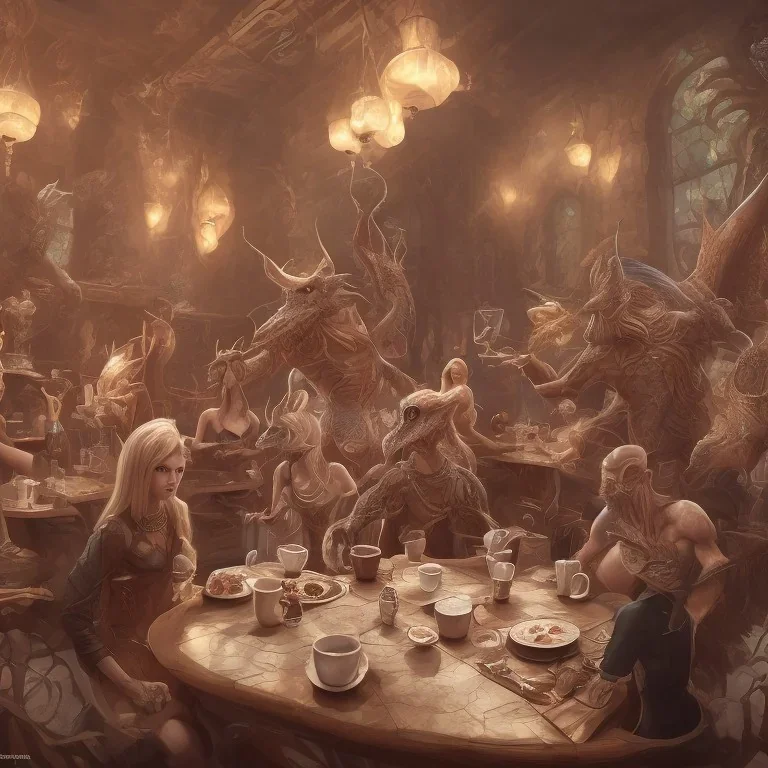 Mythical and legendary creatures sitting in a cafe drinking coffee, clear and complete body parts with accurate details, correct and complete body anatomy, complete and clear drawing parts, full HD drawing resolution, 4K, 8K, 16K,