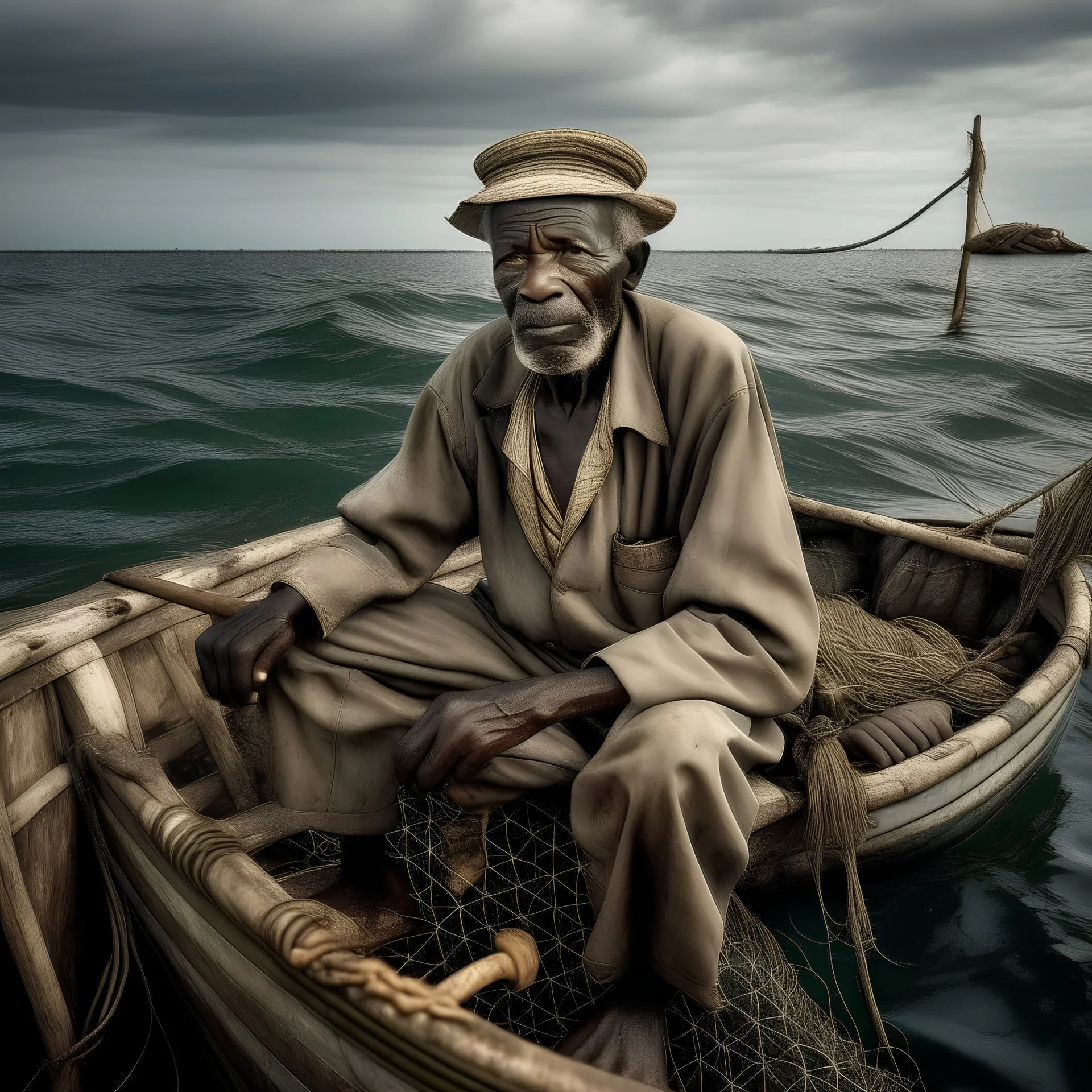 Fotografía real de un pescador humilde que pesca para sobrevivir.