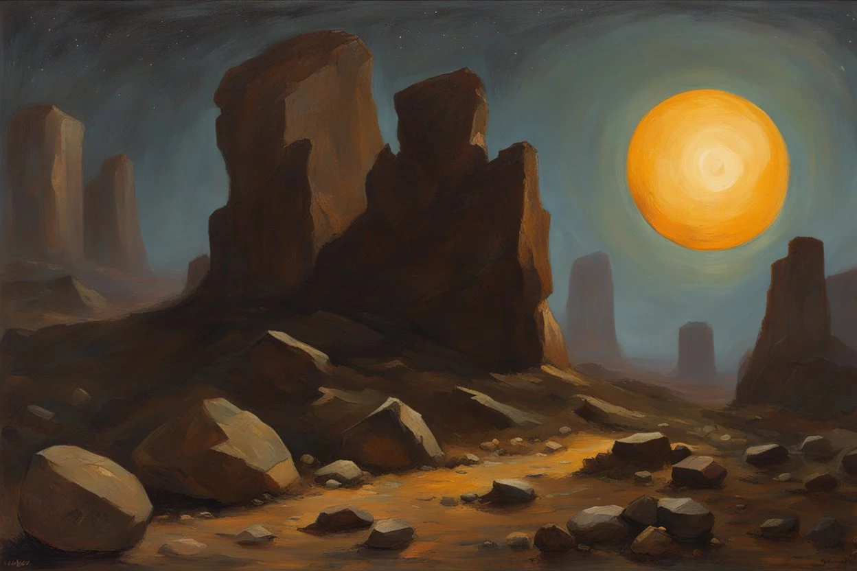 Night, rocks, mountains, trees, rocky land, sci-fi, Rodolphe wytsman and wilfrid de glehn impressionism paintings