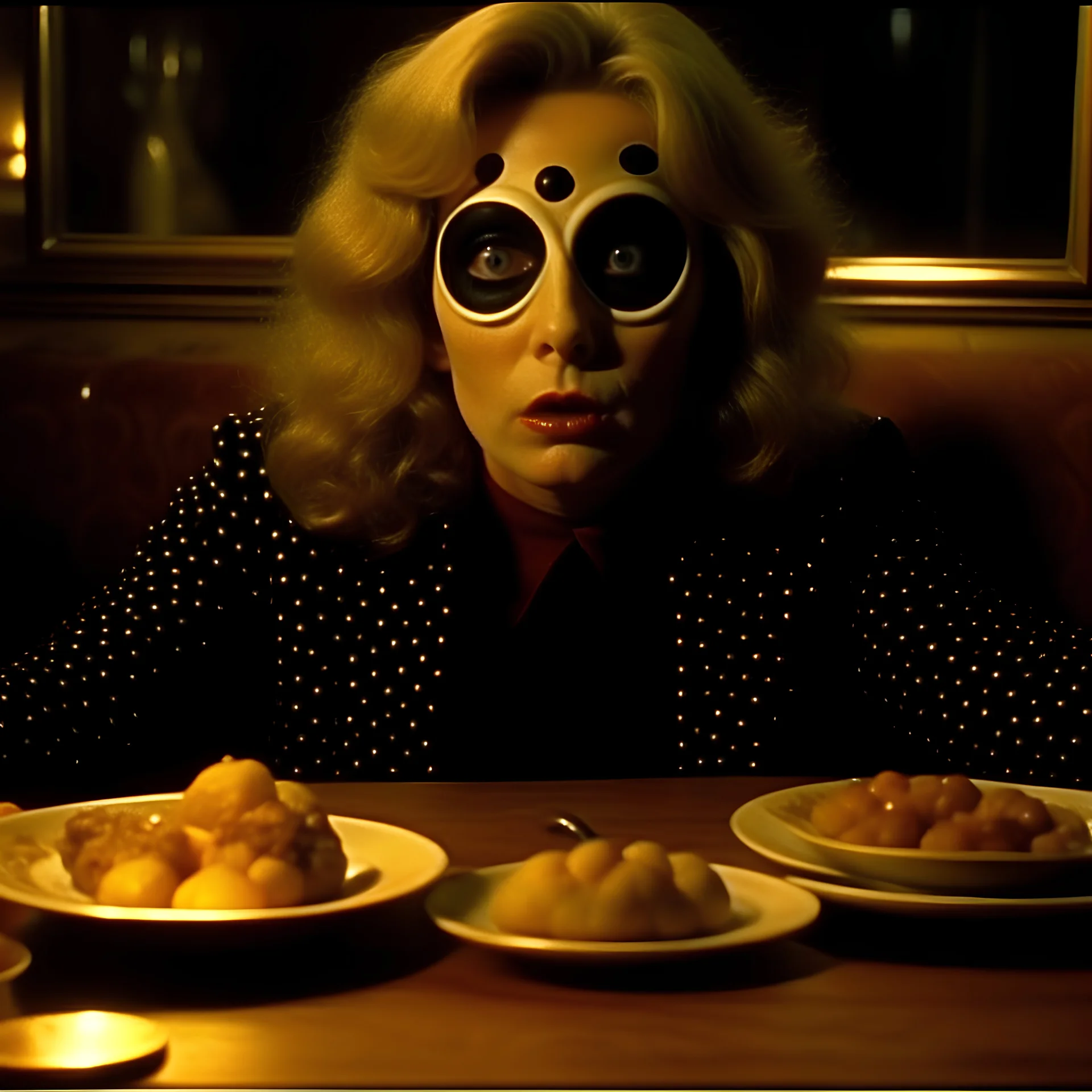 Spooky, ultra realistic distress, dining, ultra realistic hot woman, giant eye on a table, organic hot bondes, dynamic, anguish, excited and lively scene, hypermaximalist figures, Creepy the Ring Alfred Hitchcock, Sam Raimi, insanely detailed, sinister, John Carpenter, Dario Argento, ornate