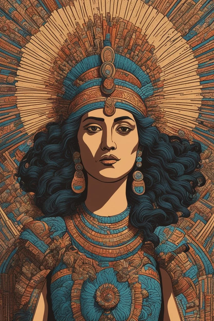 museum quality color woodcut of an ancient an Aztec queen with highly detailed hair and facial features , in the style of Gustave Baumann, with a fine art aesthetic, highly detailed, finely cut ,8k render,no tattoos on the face