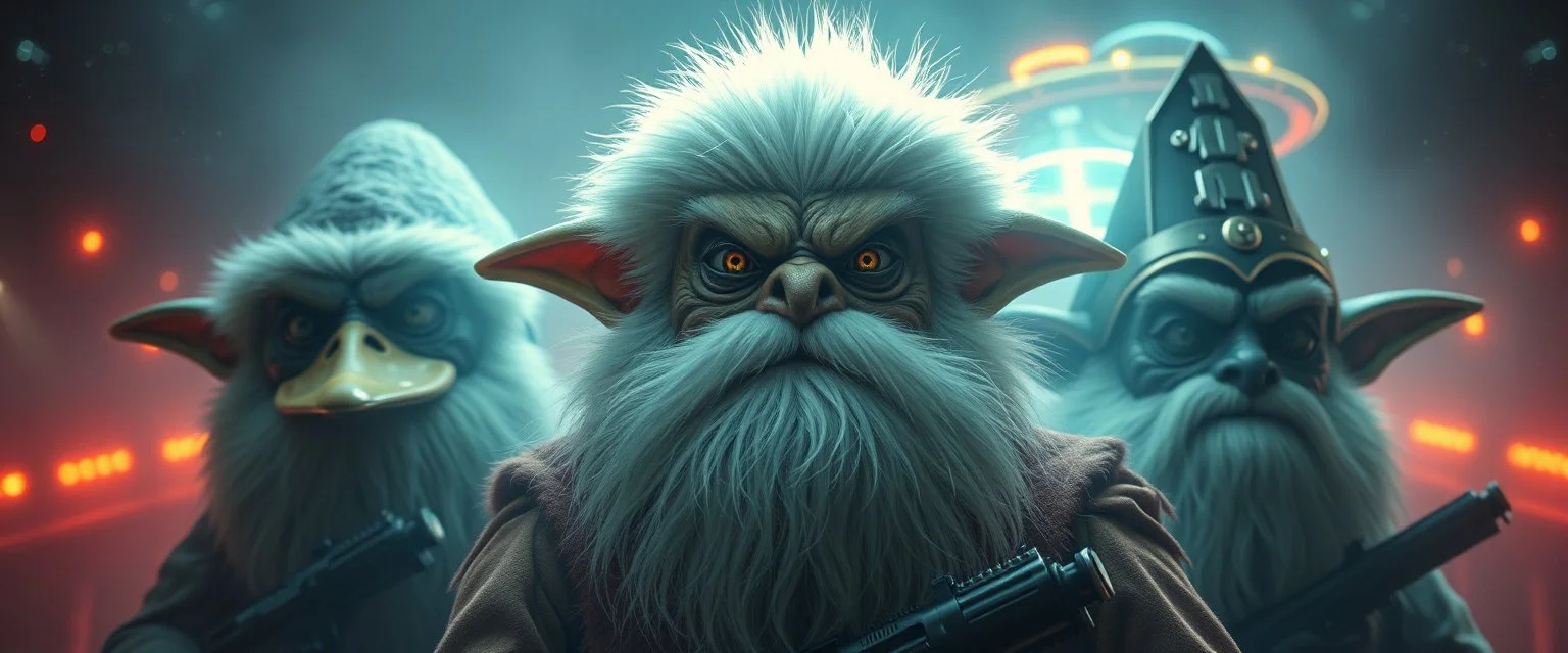 volume fog light, hyper real close up on fluffy beard faces of rock alien cricket duck priest gremlin grandma general with hi tech transcendent lazer plasma blaster arsenal from hell, guarding bridge up to space saucer neon plastic transparent, movie poster