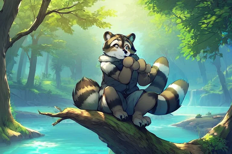 Girl, green hair, raccoon tail, raccoon paws in hand, raccoon paws in foot, forest, river, sit on tree, coat on neck, with tongue out, big tail, furry