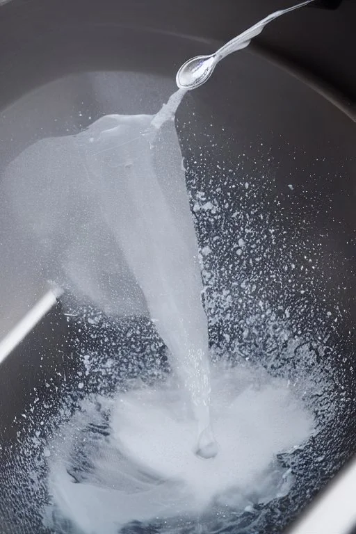 in focus, a jet of water flows into a spoon and splashes everywhere in a sink tray