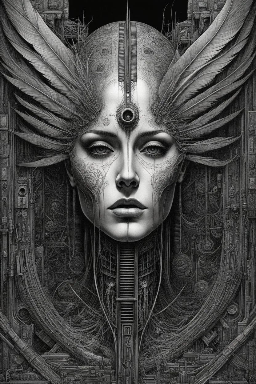 feathers on and with computer chips and a smoke in the background dark a thin line draw ، front view camera, decayed and proportions and imagery. surreal chorror, biomechanical design, by hr giger and beksinski , fine lines draw