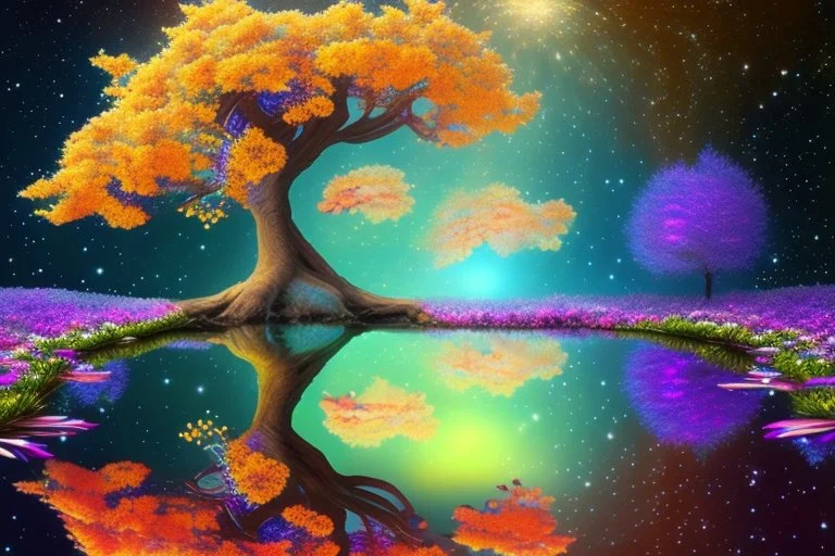 tree near the flowers, water reflection, galaxy, cosmos, science fiction