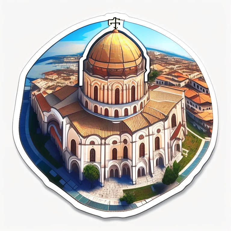 aerial view of a digital artwork of a byzantine cathedral as a sticker