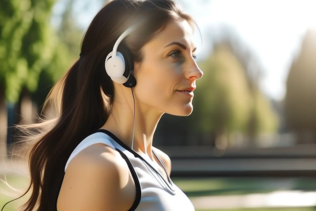 cute brunette woman listening a training in sunshine