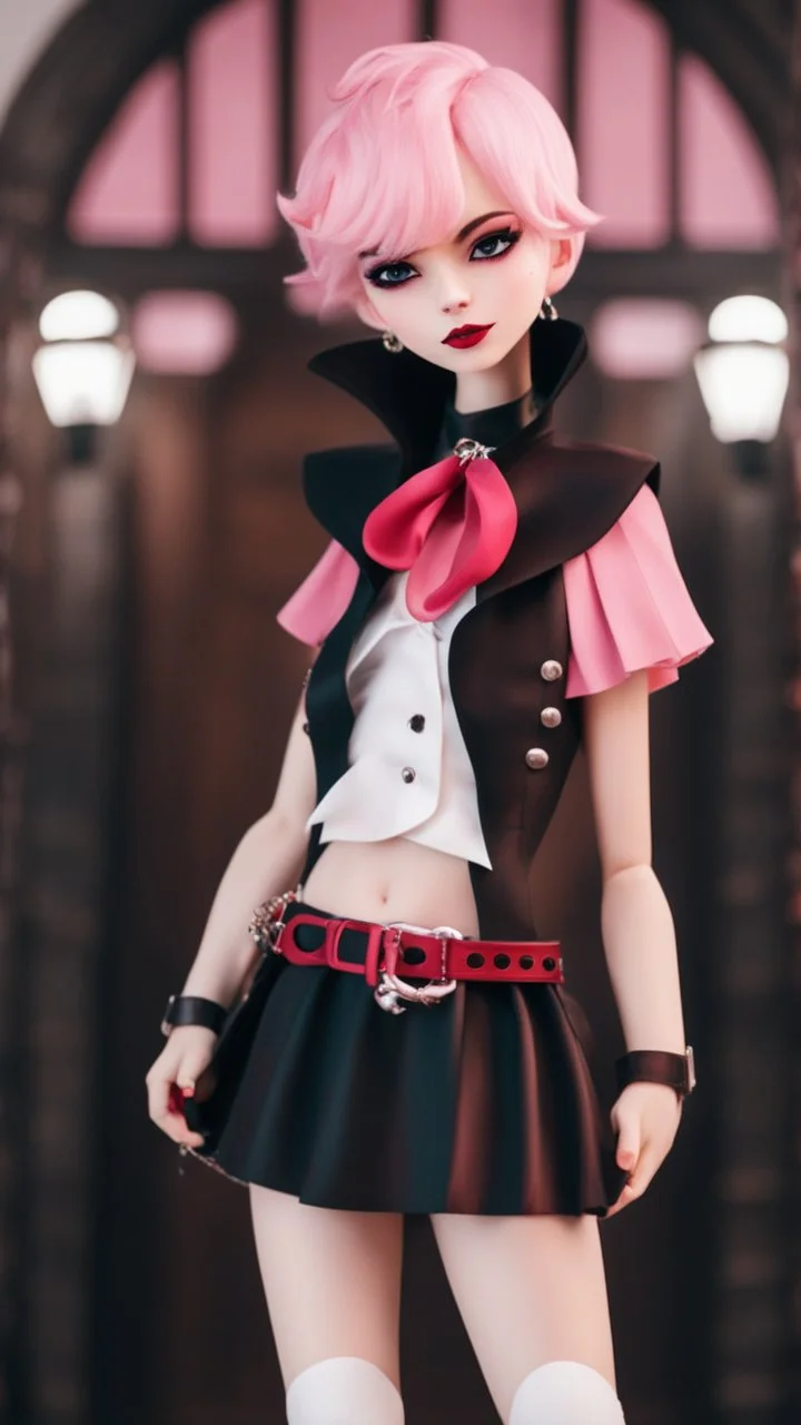 A close picture to blind cute vampire with white and pink short hair, slave, Tusks, malicious smile, Handcuffs, Weapon handcuffs in Stop-motion animation model with dynamic art style witg