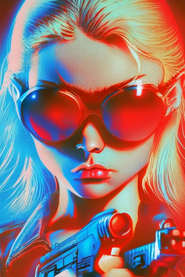 Photo of a beautiful blonde female Terminator, with dark sun glasses, bright red eye, holding a gun upwards, up close, Hollywood movie poster vibes, blue light night time, high contrast dark moody lighting.