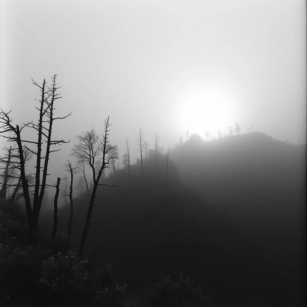 Close-up Ilford photograph of a creepy surreal landscape, eerie, no style, steep, autumn vegetation, very surreal, trees, spooky, metaphysical objects, giant sun, intricate, thoughtful, appalling, mountain rocks, deep 3d field, 8k, hypermaximalist, lot of fog