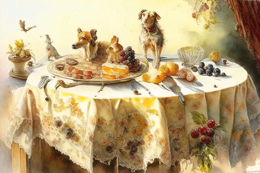 Cake with fruits on a lace tablecloth on a kitchen table, oil on canvas, knife palette, watercolor and ink, dogs, Jean Baptiste Monge, Jacek Yerka in sunshine