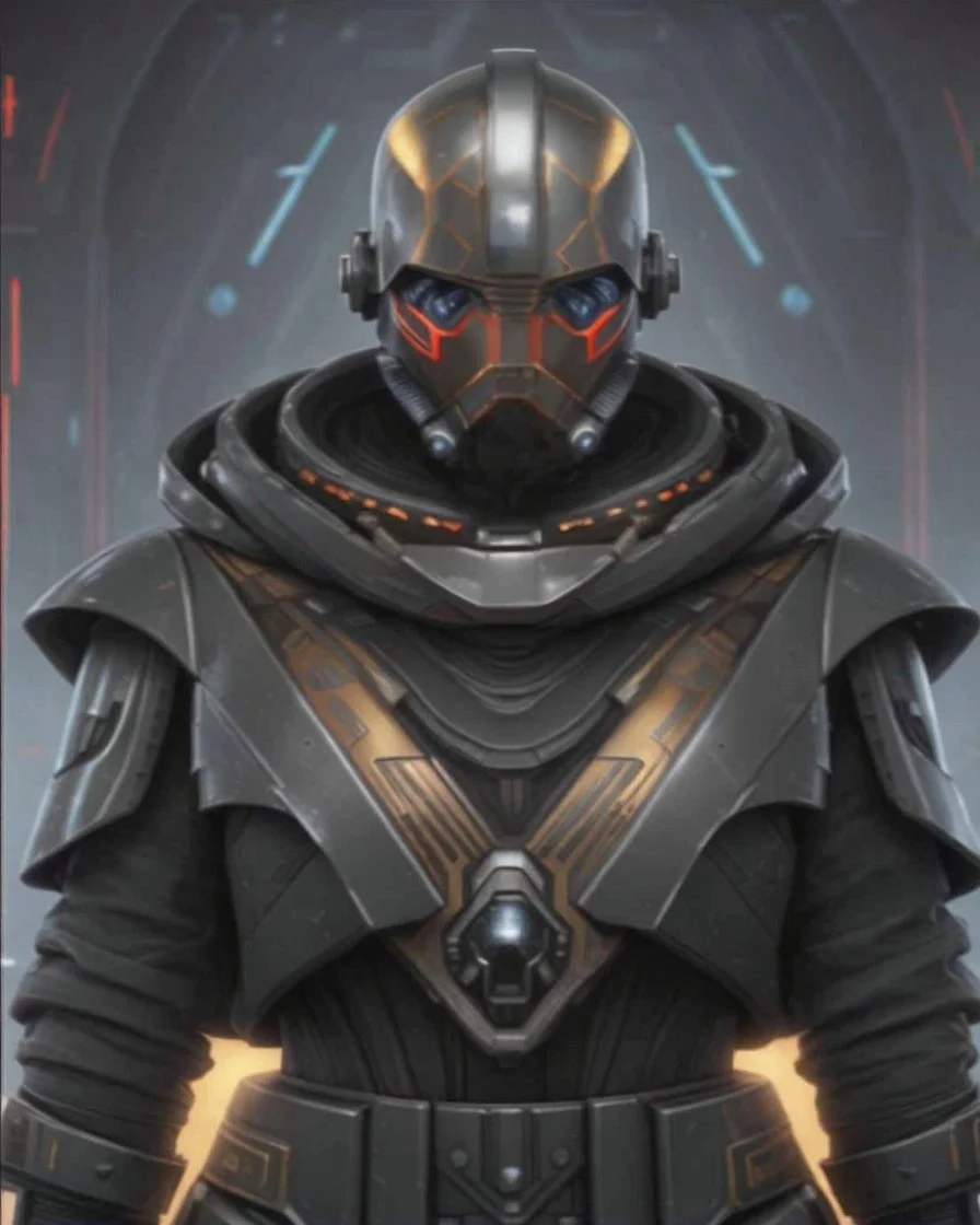 star wars bald male corellian pilot wearing pearlescent black and gunmetal grey First Order special forces heavy assault armor and helmet with gold trim inside the jedi temple, centered portrait, hyperdetailed, dynamic lighting, hyperdetailed background, 8k resolution, volumetric lighting, light skin, fully symmetric details