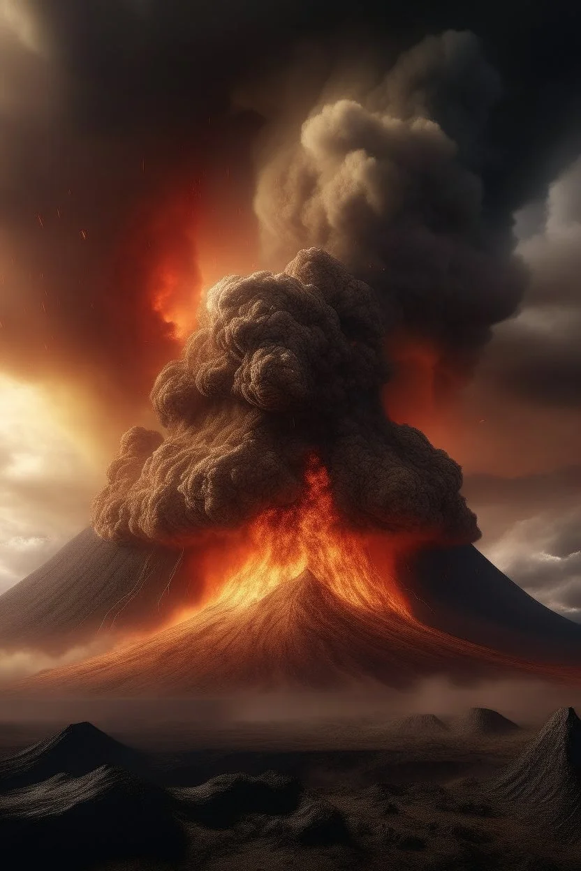 A volcano exploding over a the Permit of Egypt in high definition cinematic theme with stormy fiery sky