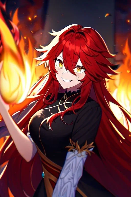 girl, masterpiece, best quality, cinematic lighting, detailed outfit, vibrant colors, perfect eyes, golden eyes, long hair, red hair, messy hair, hair between eyes, depth of field, ray tracing, fire magic, angry, smile,