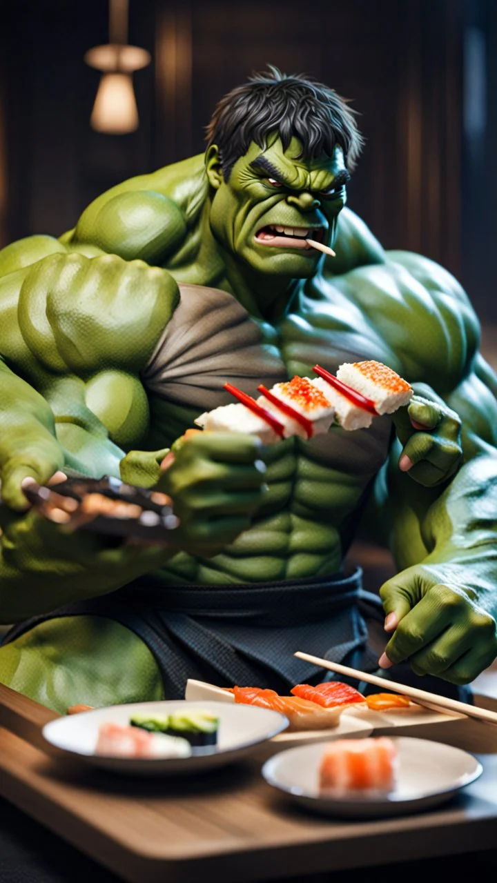 a hulk eating sushi with chopsticks, photo, 8K UHD, police